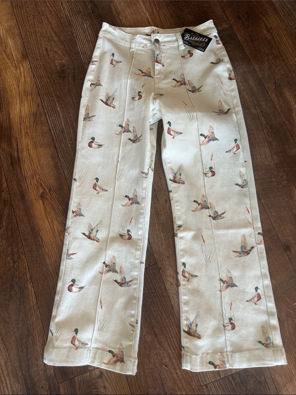 Cream Duck-Print Cropped Jeans